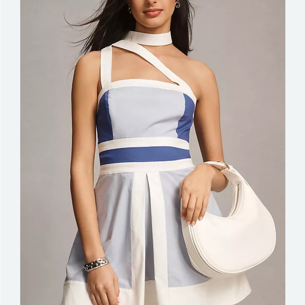 Anthropologie One Shoulder Dress in Blue and White